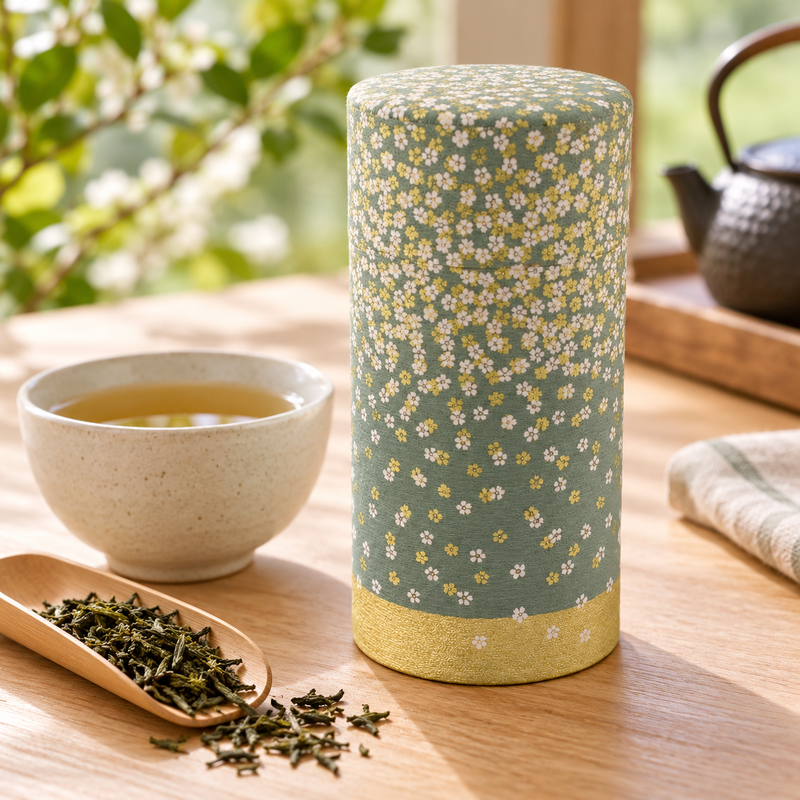 gray-green floral tea canister in a tea-table setting
