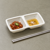 236325: 5.63" x 3.13" Rectangular Melamine Twin Saucer, White. Restaurant serving context