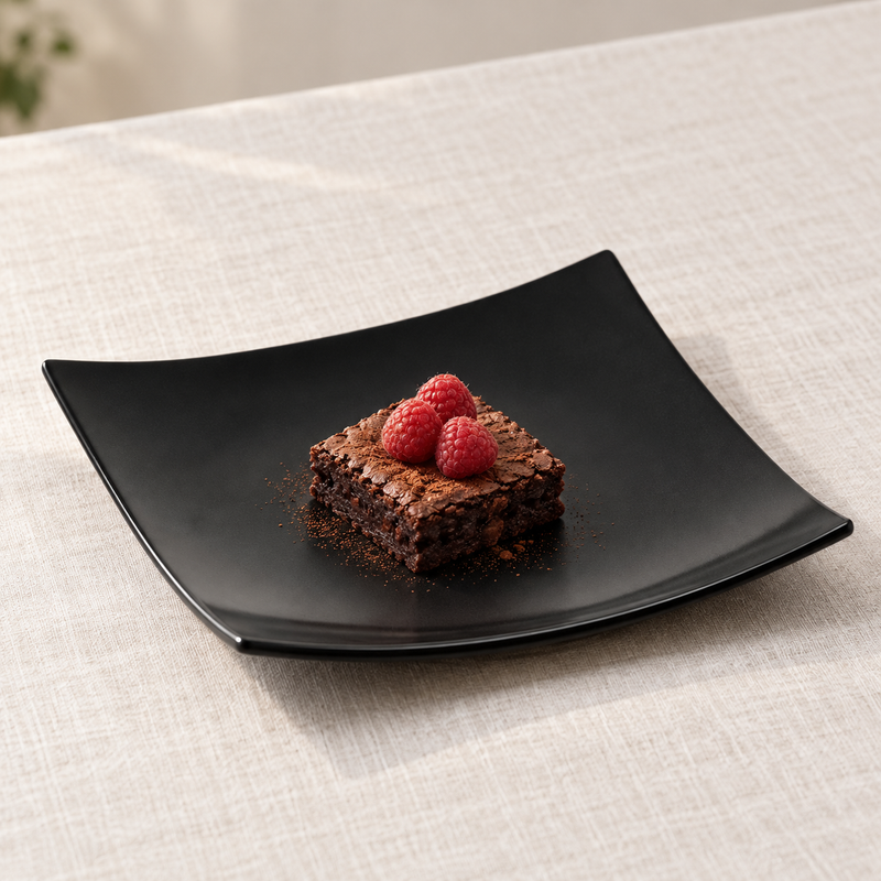 Black square flare plate with a brownie and raspberries