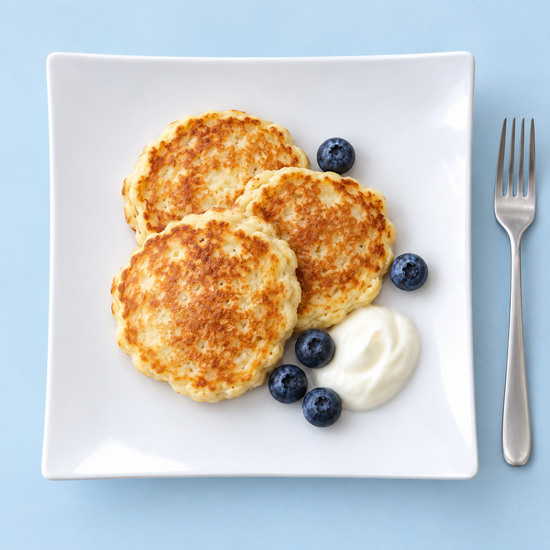 Serving suggestion with three pancakes, blueberries and a creamy topping on the white 24010WT square flare plate.