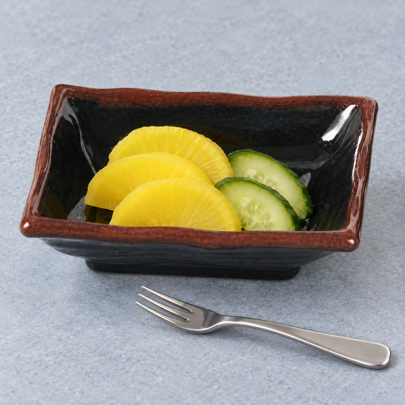 2404TM Tenmoku sauce dish holding yellow radish and cucumber pickles