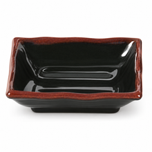 4" Melamine Rectangular Wave Sauce Dish, Tenmoku. Angled product view.