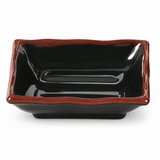 4" Melamine Rectangular Wave Sauce Dish, Tenmoku. Angled product view.