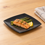 29010BK black square flare melamine plate with salmon and asparagus