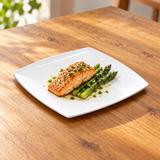 White 29010WT square melamine plate serving salmon with asparagus