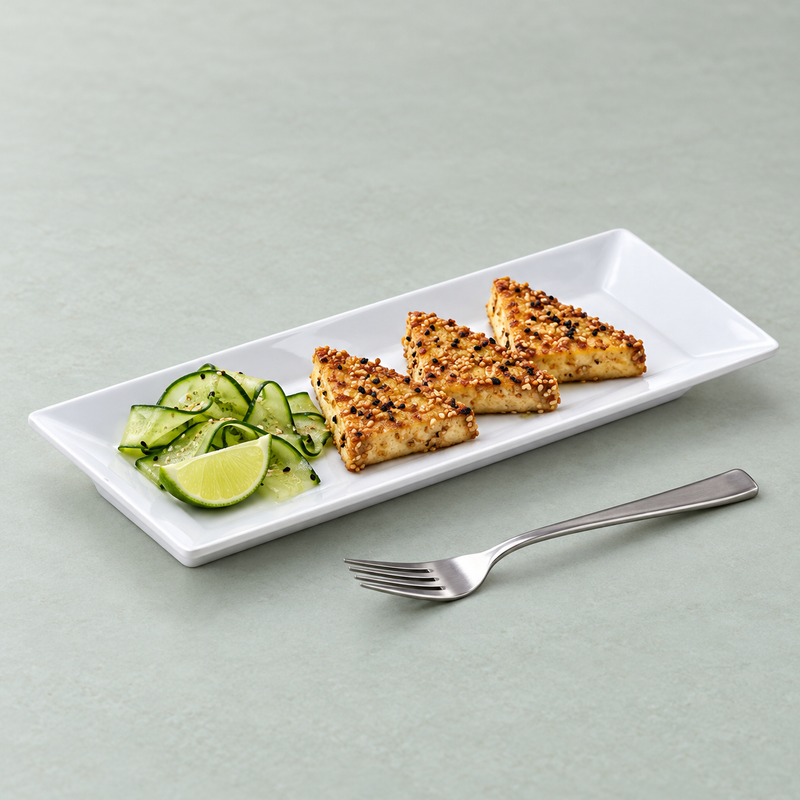 Serving suggestion with sesame-coated triangular bites, cucumber ribbons and lime on the white 29110WT rectangular plate.