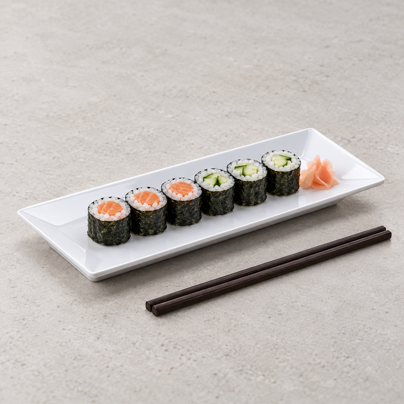 Serving suggestion with a row of six sushi pieces and ginger on the white 29110WT rectangular plate, with chopsticks alongside.