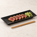 Melamine Rectangular Platter 15"x5-1/4", Black. Serving suggestion.