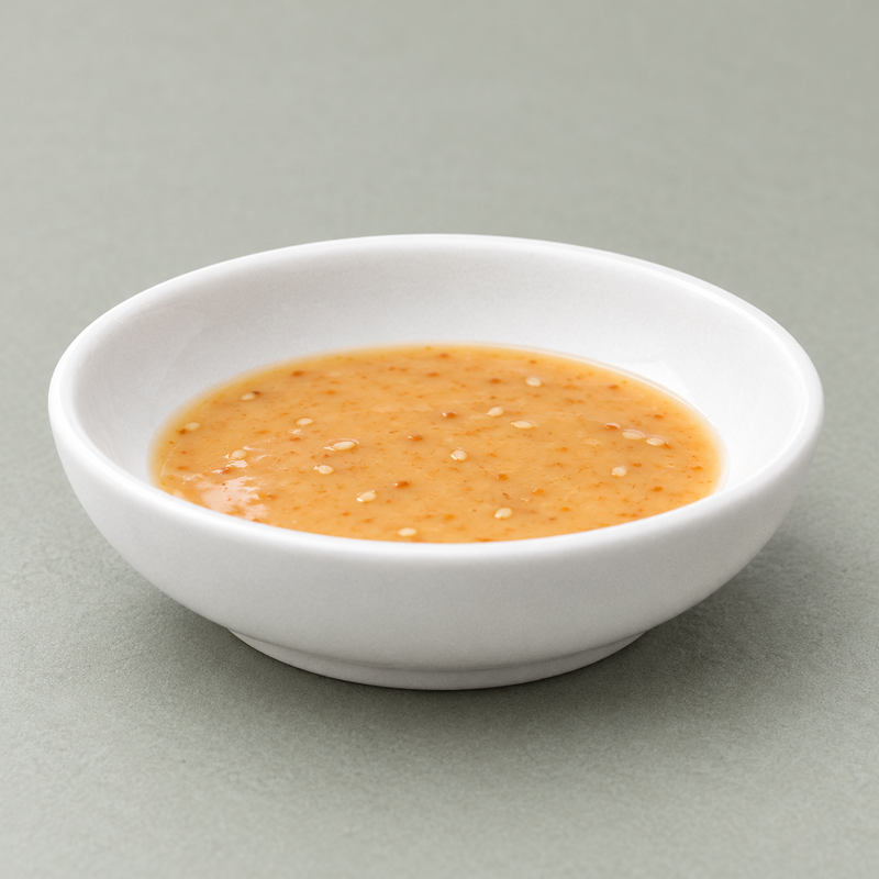 Orange dipping sauce with small seeds in the plain white J5544 round ceramic sauce plate