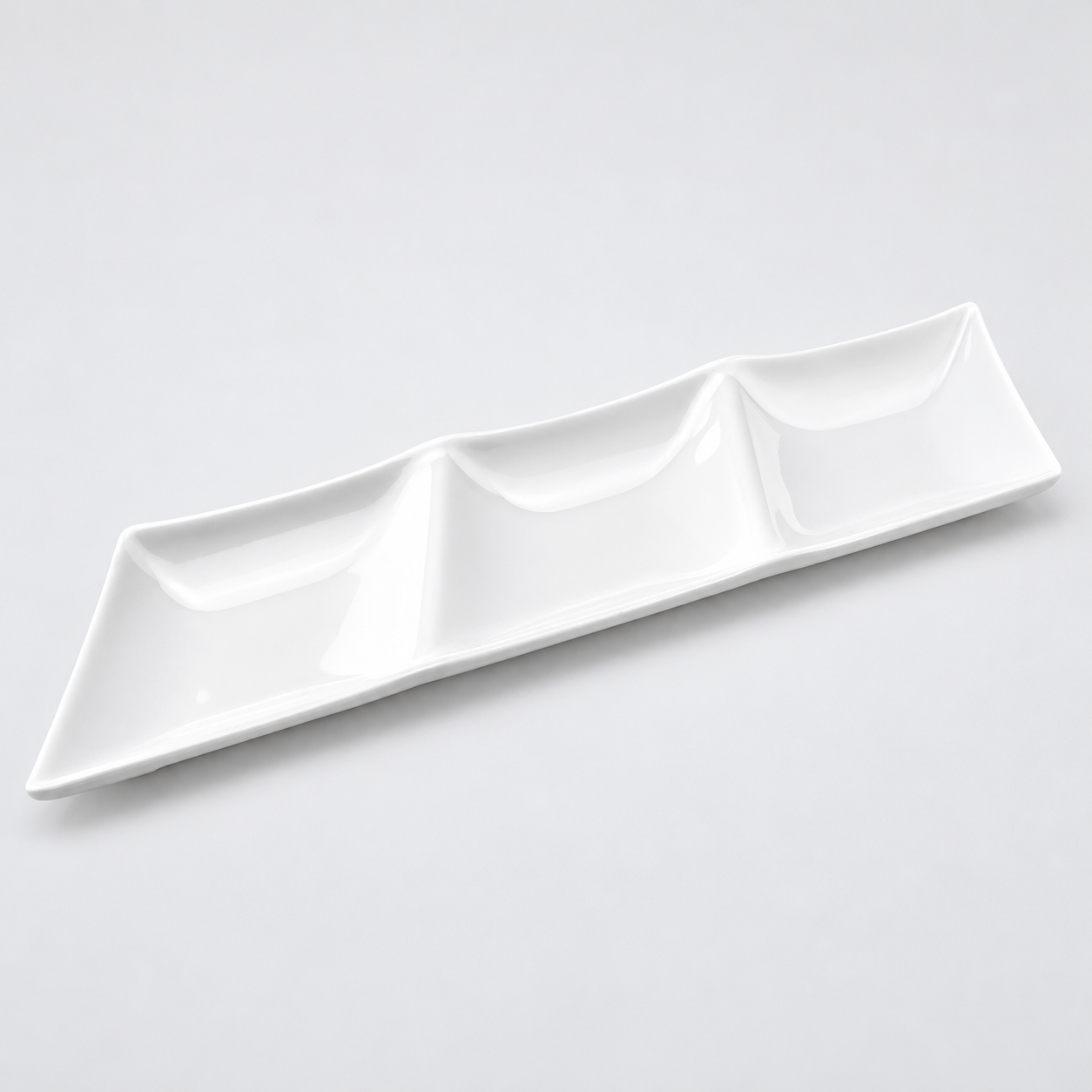 3-Compartment Plate 13-7/8", White. Angled product view.