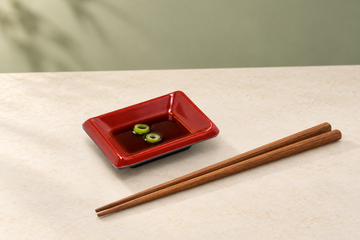 310-BR rectangular melamine sauce dish. Dipping sauce context