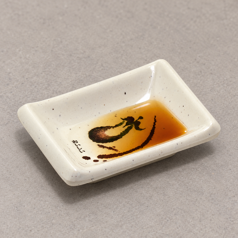 310-E Eggplant-pattern sauce dish holding an amber dipping sauce