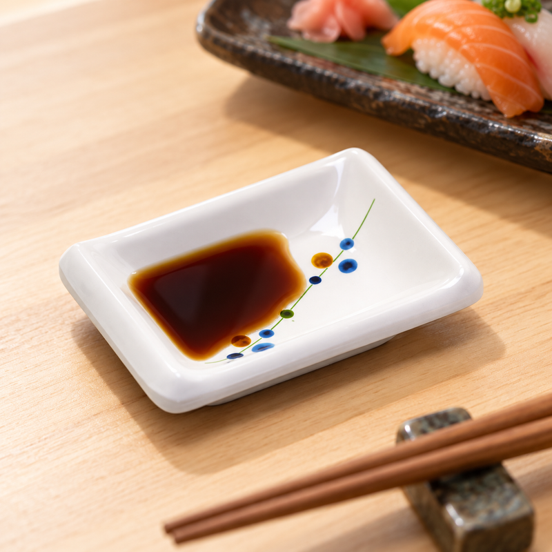 310-HM005 Rain Flower sauce dish holding a small pool of soy sauce beside sushi