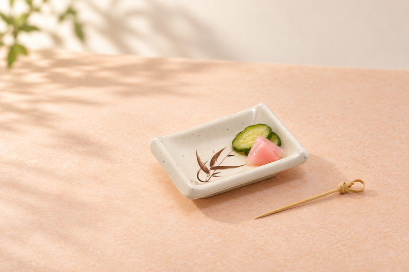 310-J rectangular dish with cucumber slices and pink pickled vegetables, with a small bamboo pick beside it.