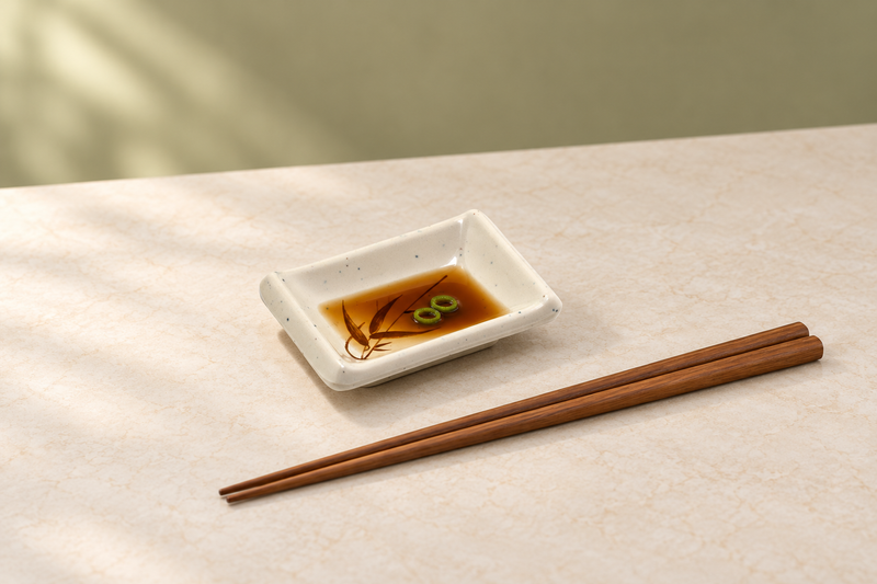 310-J rectangular sauce dish holding brown dipping sauce with scallion rings, with wooden chopsticks beside it.