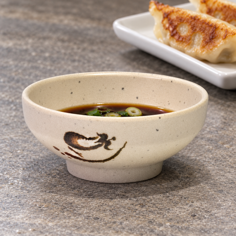 Eggplant-pattern sauce bowl holding dark dipping sauce with scallions beside dumplings.