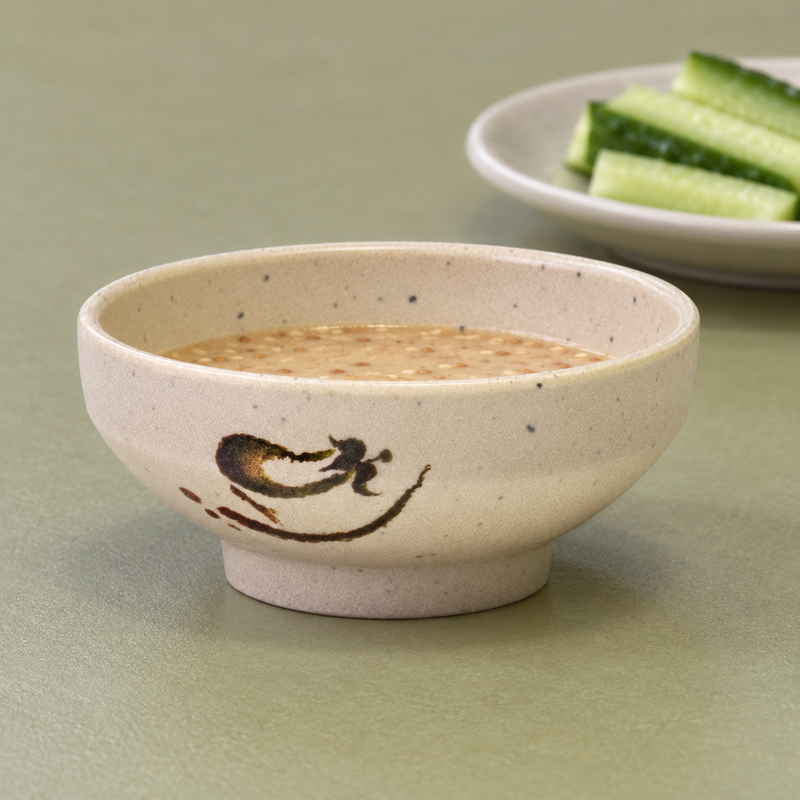 Beige melamine bowl holding sesame dressing with cucumber sticks in the background.