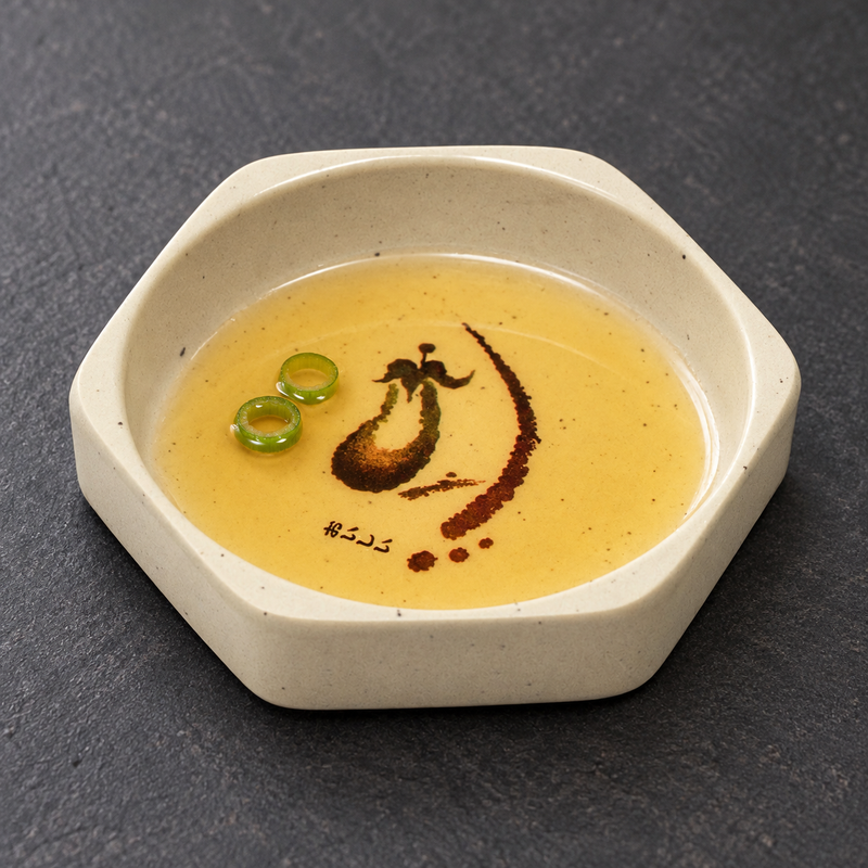 Octagonal Eggplant melamine bowl holding light dipping sauce and scallion slices.