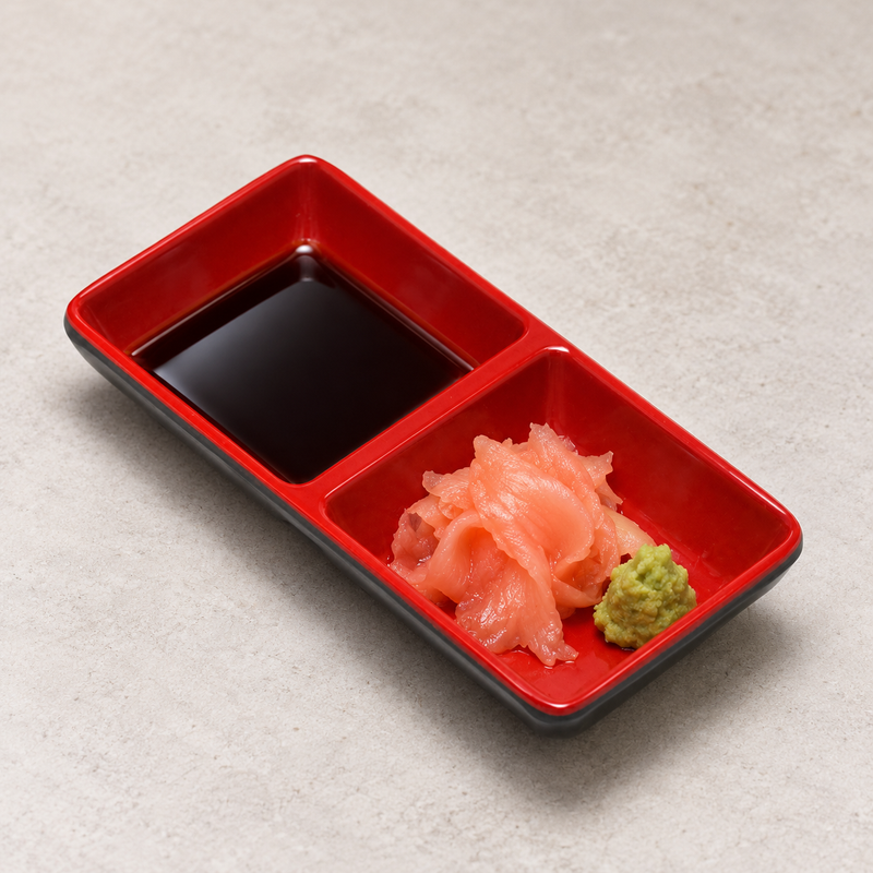 Black and red twin sauce dish with dark sauce in one well and pink folded pieces beside green paste in the other.