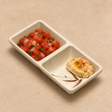 333-J: Melamine Rectangular Twin Sauce Dish 5.75"x2.75", Autumn Grass. food-service context