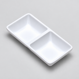 Melamine Rectangular Twin Sauce Dish 5.75"x2.75", White. Angled product view.