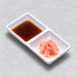 Melamine Rectangular Twin Sauce Dish 5.75"x2.75", White. Serving suggestion.