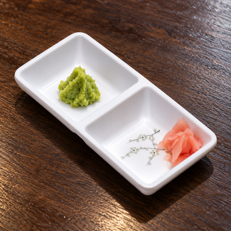 Wasabi and pickled ginger in separate 333-WP wells