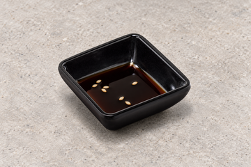 334-AB: Melamine Square Sauce Dish 3", Black. Restaurant serving context