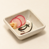 Melamine Square Sauce Dish 3", Eggplant. Alternative serving suggestion.