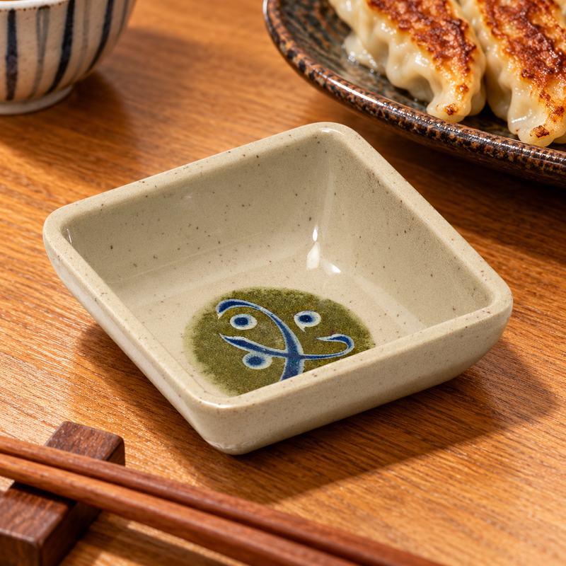 Empty 334-M square sauce dish beside dumplings and chopsticks, shown as a place-setting accompaniment