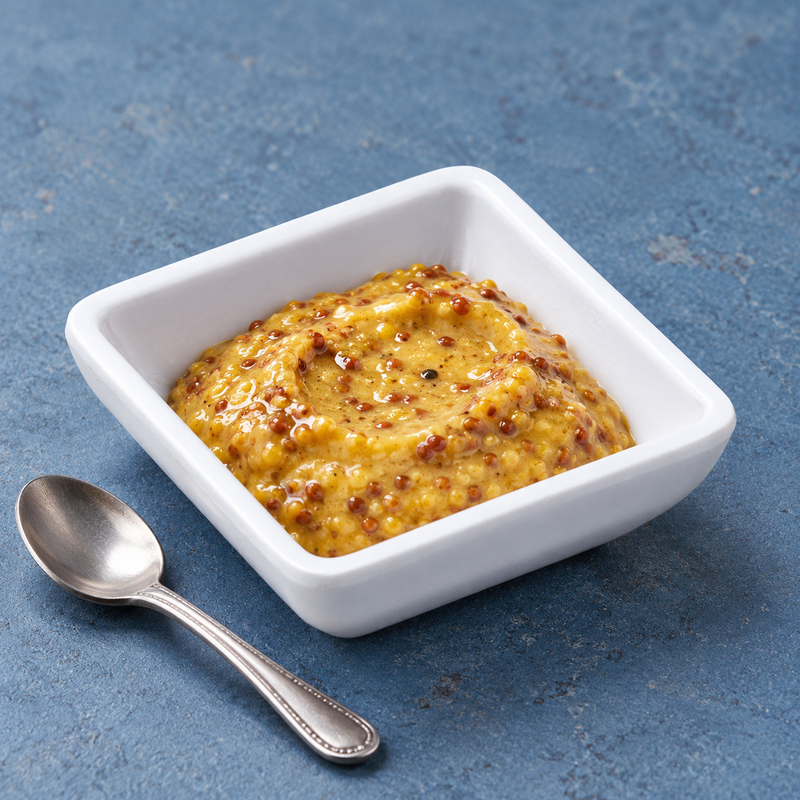 Seeded golden mustard in the 334-W white square dish with a small spoon alongside on a blue surface.
