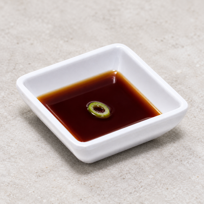 Dark dipping sauce with a green garnish in the 334-W white square dish on a neutral tabletop.