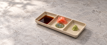 Melamine Rectangular 3-Compartment Sauce Dish, Green. Serving suggestion.