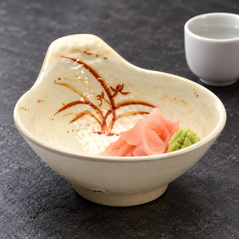 Gold Orchid extended-lip bowl holding pink ginger and green wasabi.
