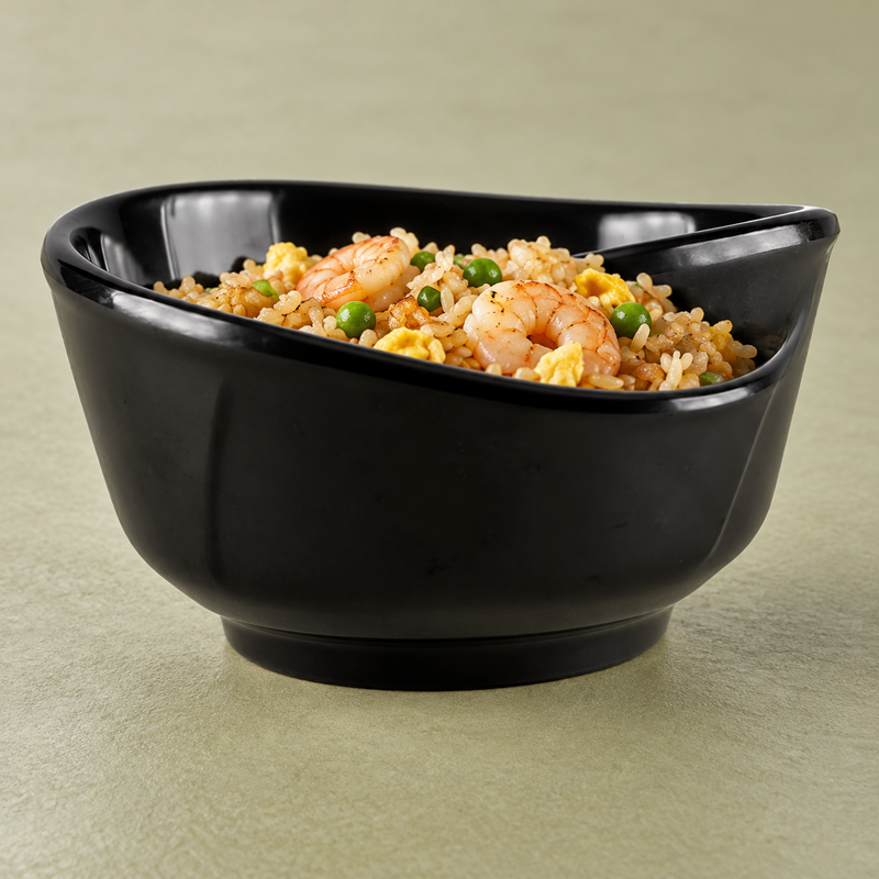 Rice, vegetables and shrimp arranged in the black 39055BK melamine bowl.