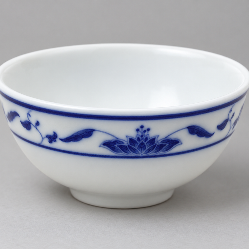 Close-up of a white porcelain rice bowl with a blue lotus-and-vine band.