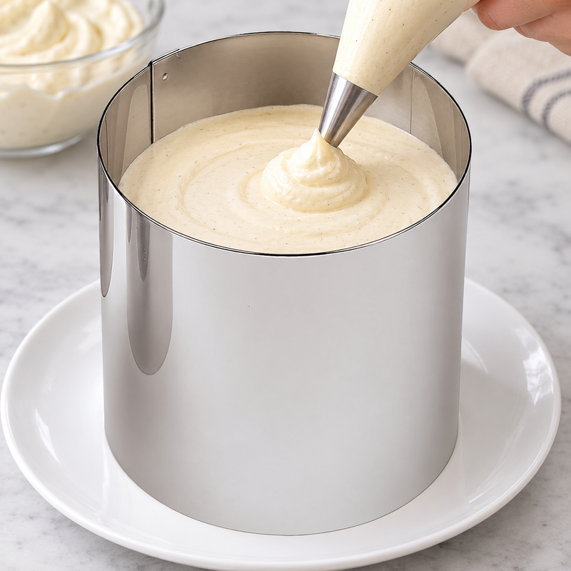 Mousse being piped into Paderno 47534-07 tall pastry ring supported on a separate plate