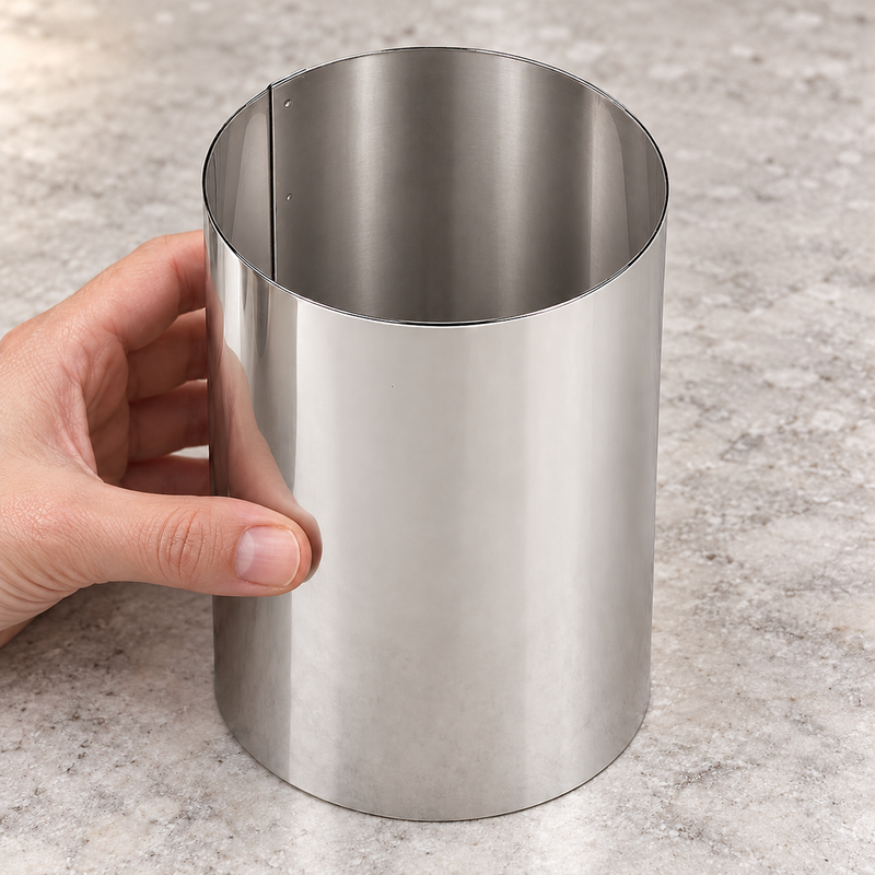 Hand steadying empty Paderno 47534-09 tall stainless steel pastry ring on a worktop