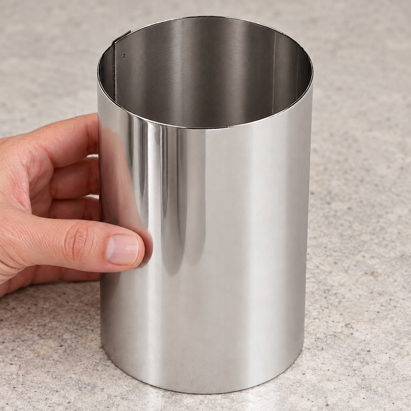 Hand steadying empty Paderno 47534-10 tall stainless steel pastry ring on a worktop