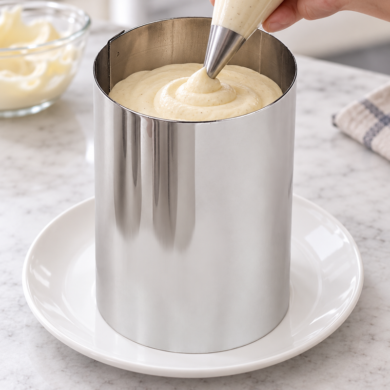 Mousse being piped into Paderno 47534-10 tall pastry ring supported on a separate plate