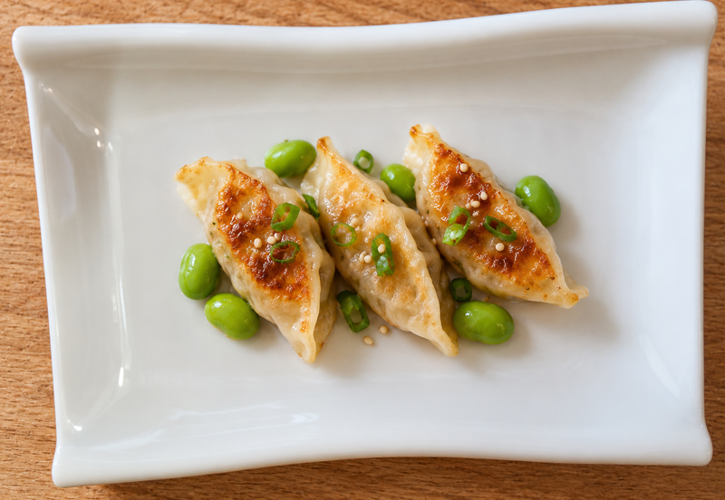 YG-507SW ivory rectangular melamine plate with dumplings and edamame.