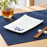 507-BZ blue bamboo melamine rectangular plate with a glass of tea and chopsticks