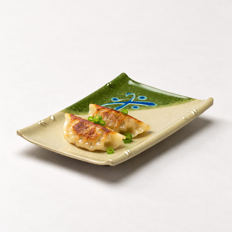 Two browned dumplings topped with scallion rings on the 507-M rectangular patterned plate, shown on a neutral tabletop.