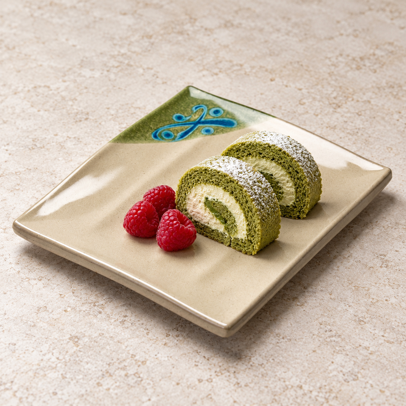 Matcha roll cake and raspberries on the 508-M plate