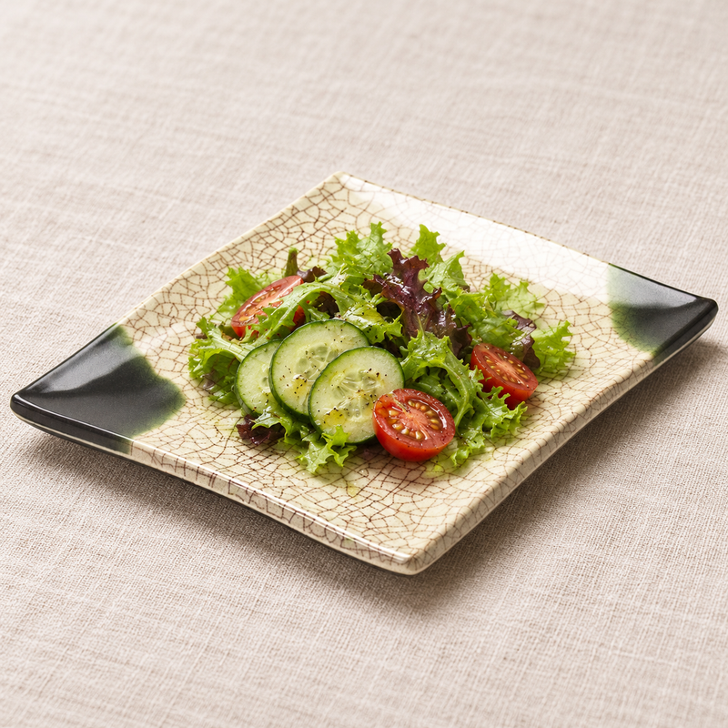 Oribe rectangular melamine plate with a small mixed salad