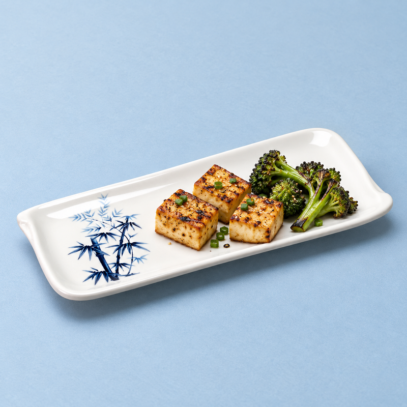 10″ × 4″ White & Blue Melamine Rectangular Plate