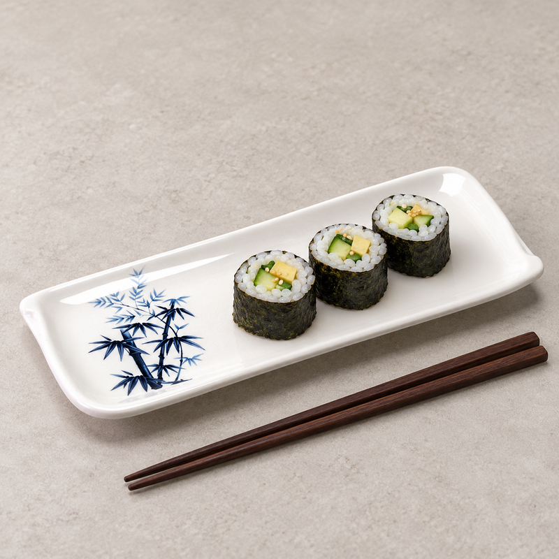 10″ × 4″ White & Blue Melamine Rectangular Plate