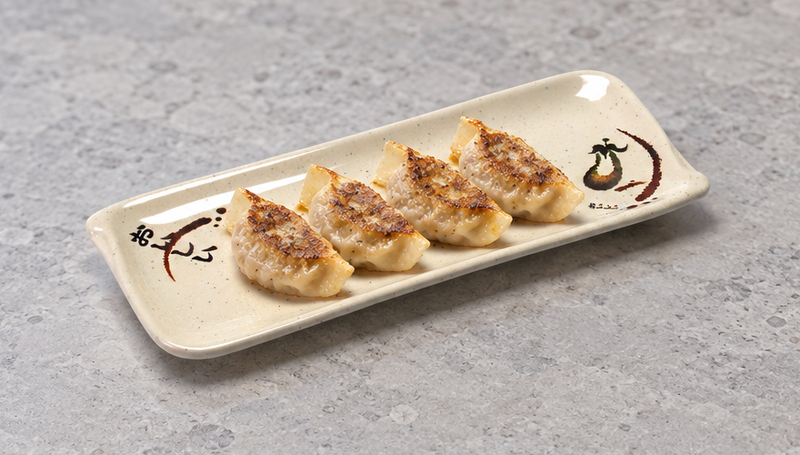 510-E beige Eggplant-pattern plate holding a line of dumplings