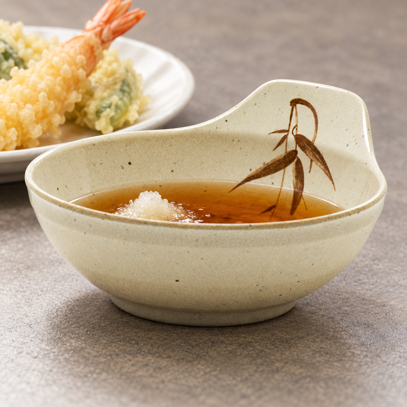 5100-J Autumn Grass melamine sauce dish with amber dipping sauce and a pale garnish beside a separate tempura plate.