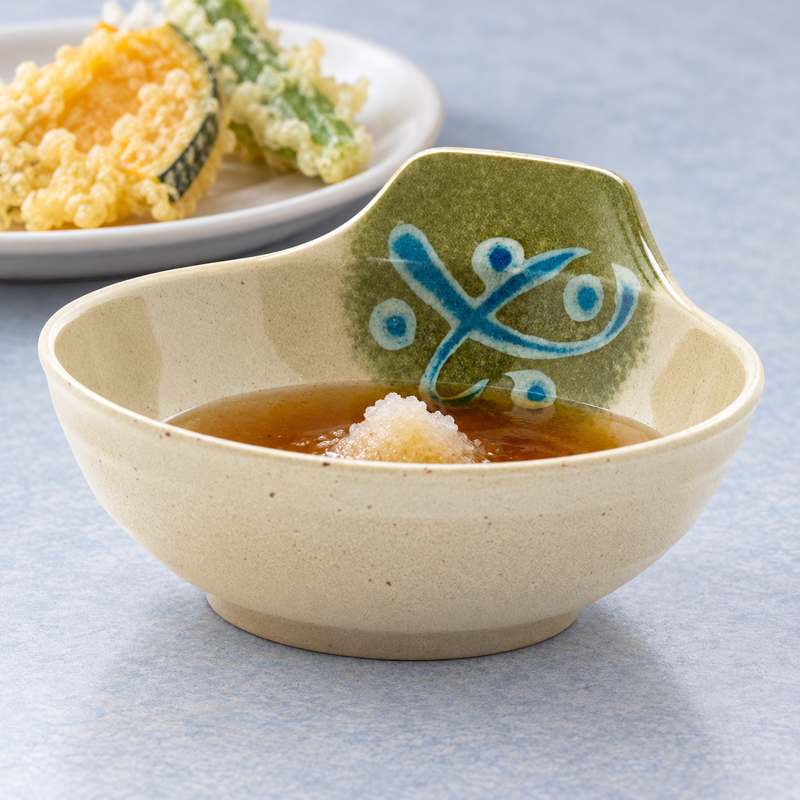 Brown dipping sauce with a pale grated garnish in the 5100-M patterned bowl, with tempura on a separate plate behind it.
